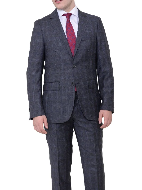 Relaxed Jeans Slim Fit Gray With Blue Windowpane Two Button Wool Suit