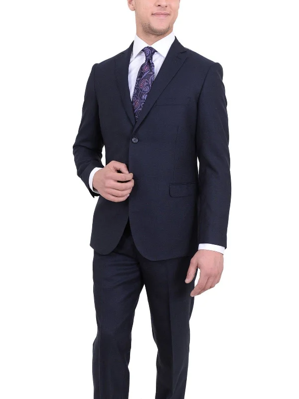 Urban Pants Zanetti Slim Fit Navy Blue Textured Two Button Wool Suit